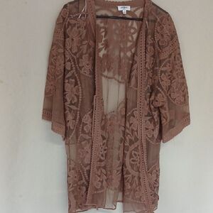 Umgee Brown Sheer Lace Kimono Cover Up Waist Tie Size Small